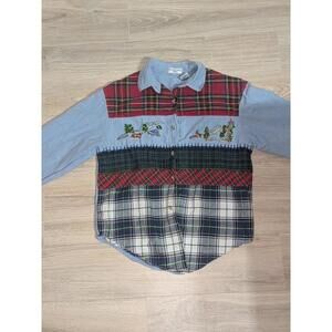 VTG 90's Victoria Jones Women's Tartan Plaid & Denim Flannel W/ Embroidered Wild
